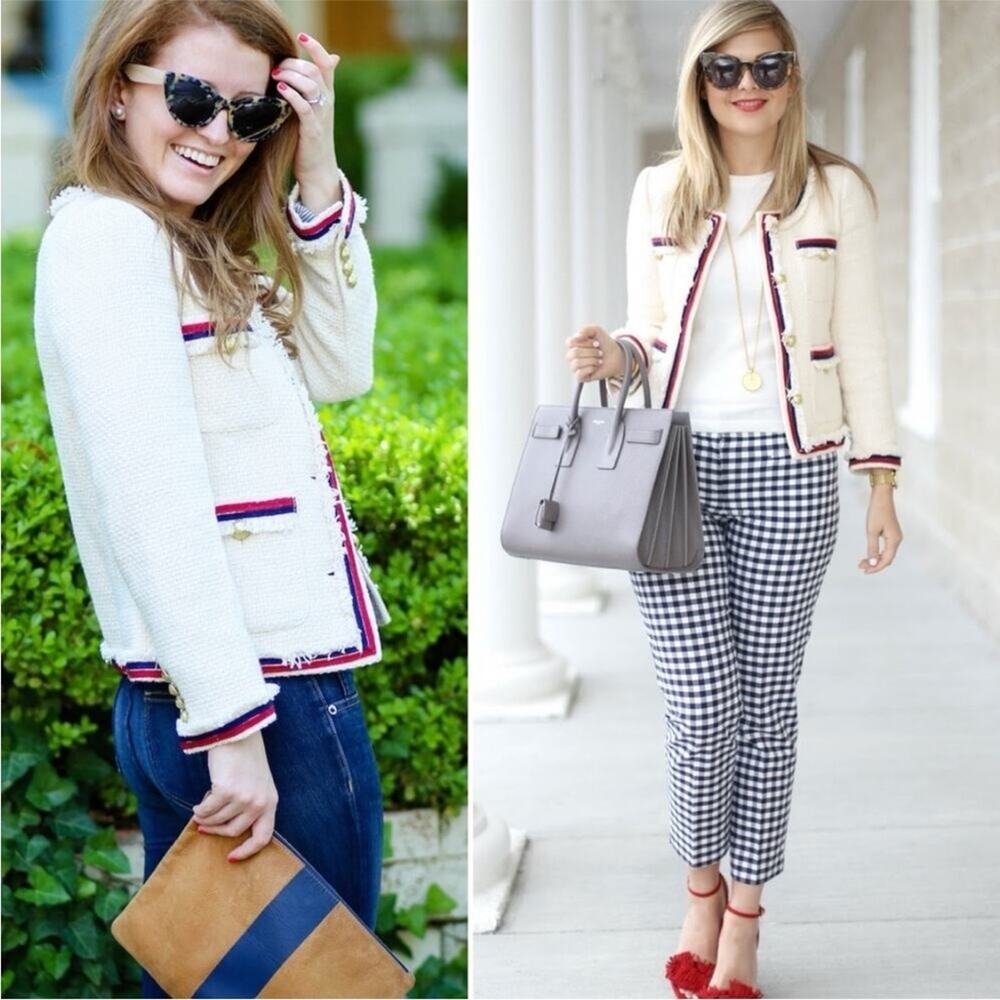 J.Crew Tweed Fringy Lady Jacket Blazer Classic red blue Four Pockets Size 6 6P - Picture 6 of 14